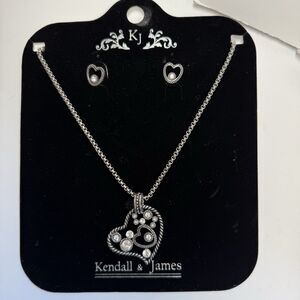 Kendall & James Silver Tone Rhinestone Heart Necklace & Marching Earring Set New